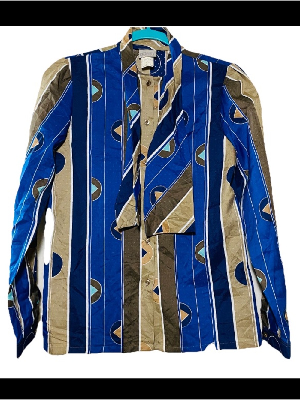 Koret Blue & Tan Striped Tie-Neck Blouse